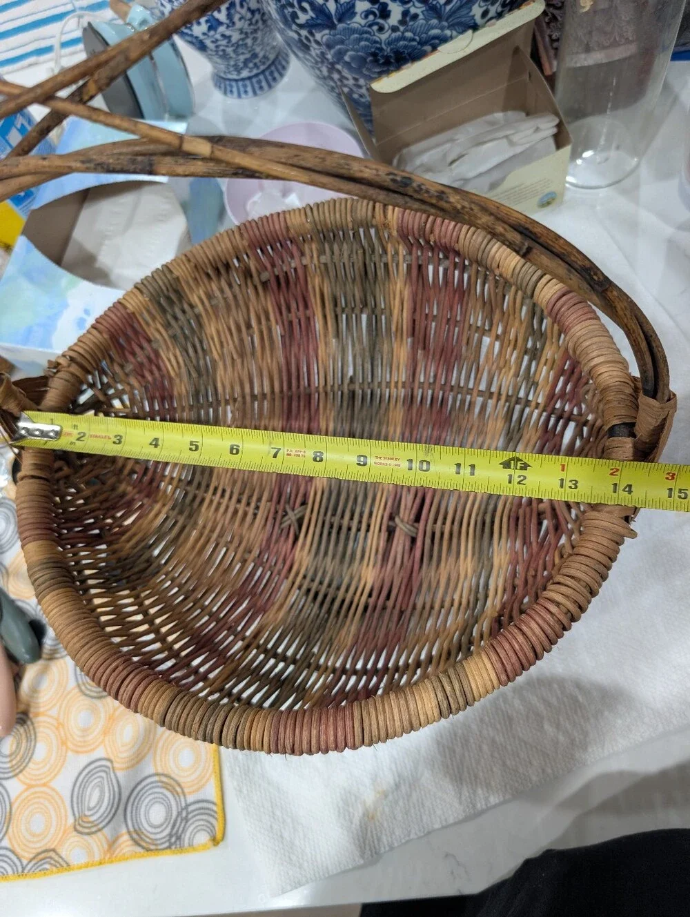 Large Vintage Handwoven Multicolored Natural‎ Woven Rattan Basket with Handle